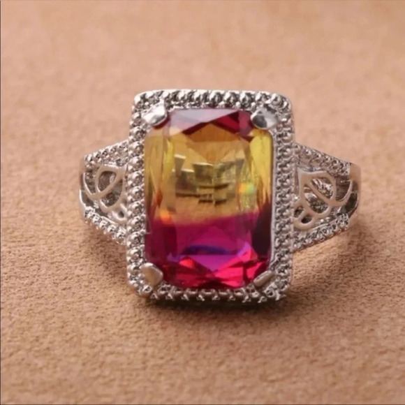 Jewelry - Rainbow Ombre Gemstone Silver Ring | Pink Yellow Statement Cocktail Ring